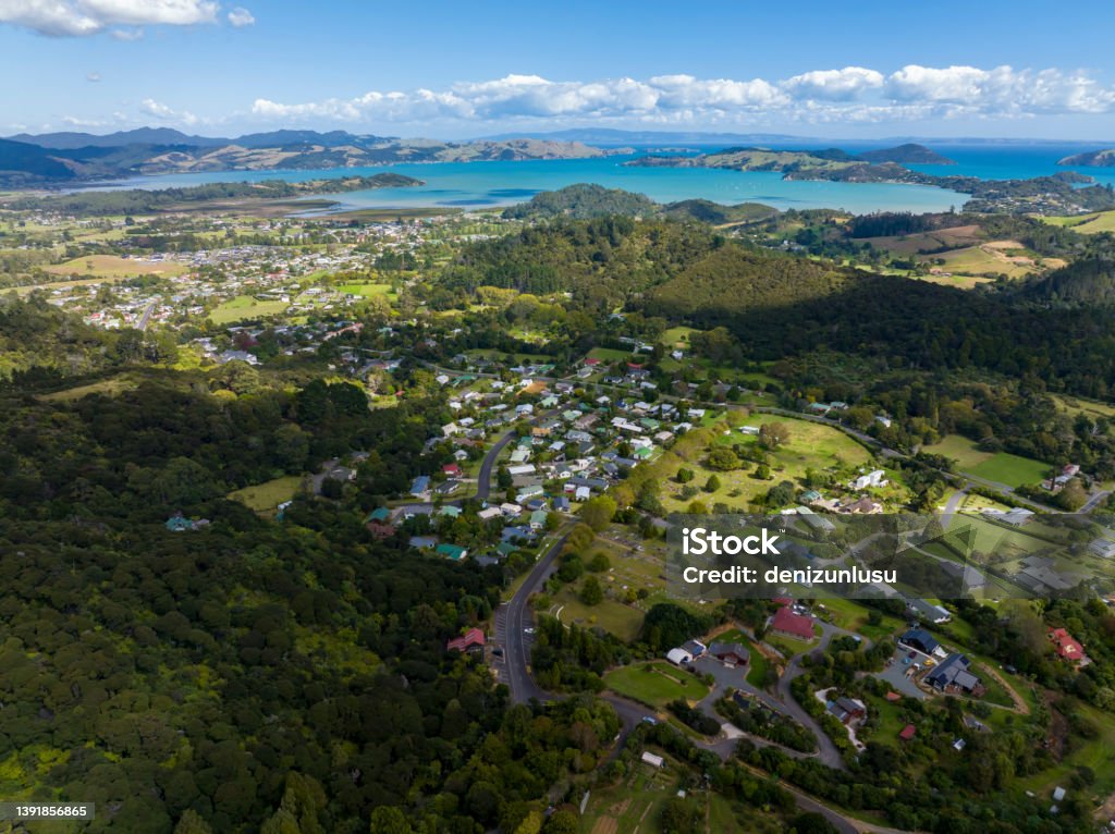 Aerial view of a suburb in New Zealand Coromandel Peninsula Stock Photo