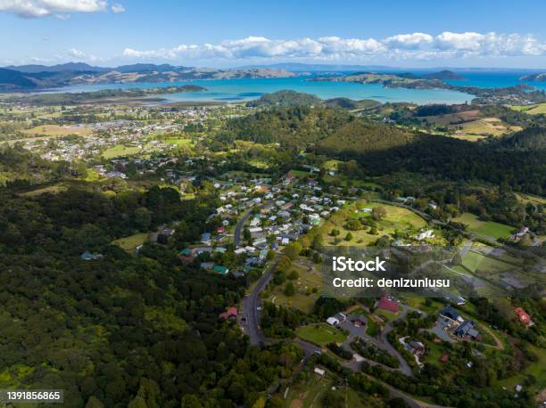 Aerial View Of A Suburb In New Zealand Stock Photo - Download Image Now - Coromandel Peninsula, New Zealand, Town