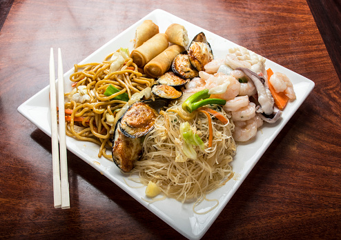 Oriental Chinese Combo Meal With Shrimp Egg Rolls Chow Mein