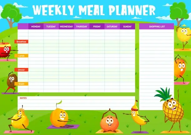 Vector illustration of Fruits characters on yoga, weekly meal planner