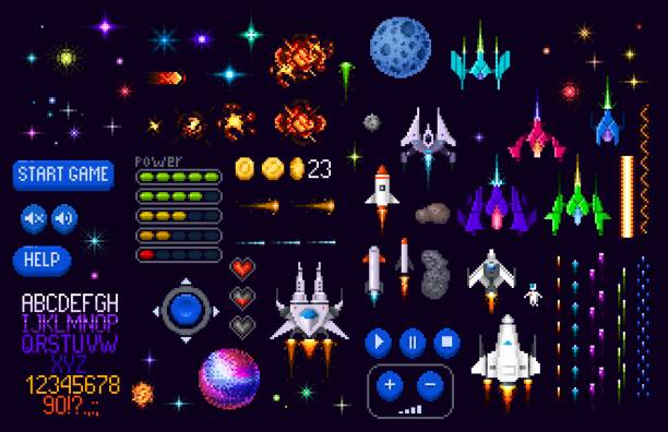 Space game asset 8 bit pixel art, planets, rockets Space game asset 8 bit pixel art. Galaxy planets, rockets, starcraft, font and pixel art interface vector buttons. Retro arcade game spaceships, stars, explosion sprite effect and astronaut objects leisure games stock illustrations