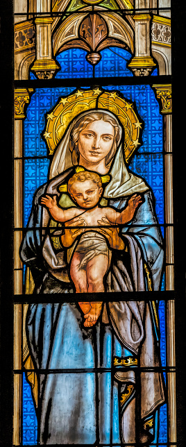 Mary Baby Jesus Stained Glass Saint Perpetue Felicite Church Eglise Sainte Perpetue Sainte Felicite Church Nimes Gard France. Catholic church created 1864 AD,