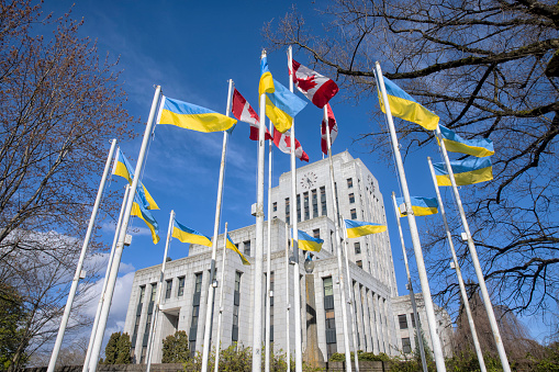 Banderas ucranianas y banderas canadienses frente al Ayuntamiento, Vancouver, Canadá photo