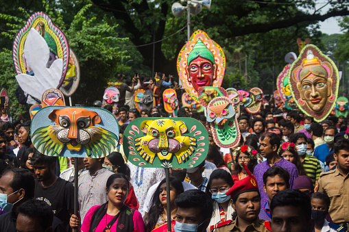 Handmade tiger and doll masks centered on the first Baishakh Mangol Shovajatra. The pictures were taken on April 14 from Dhaka University.