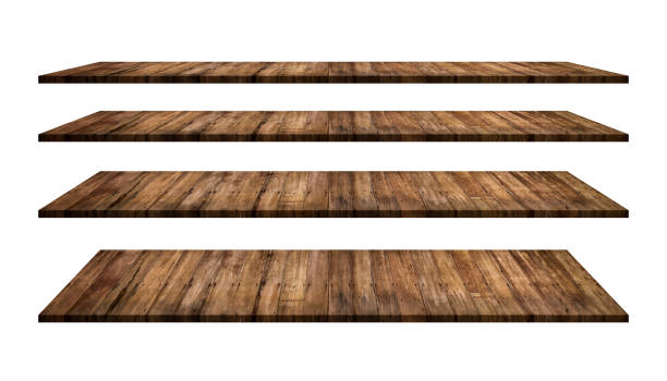 istock Wood shelves table top collection isolated on white background. 1391878583