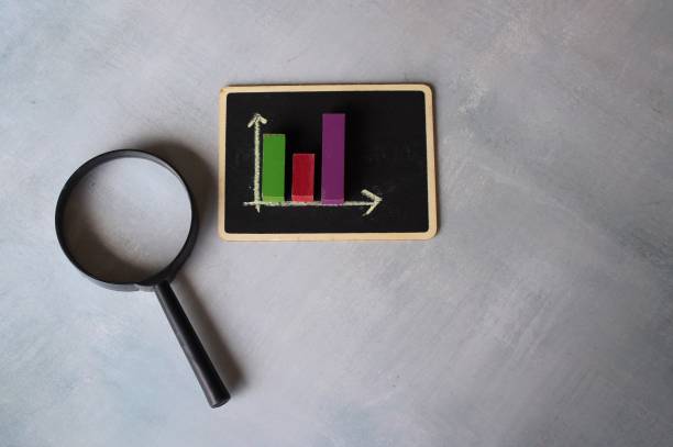 istock Sales graph chart on chalkboard and magnifying glass. 1391886555