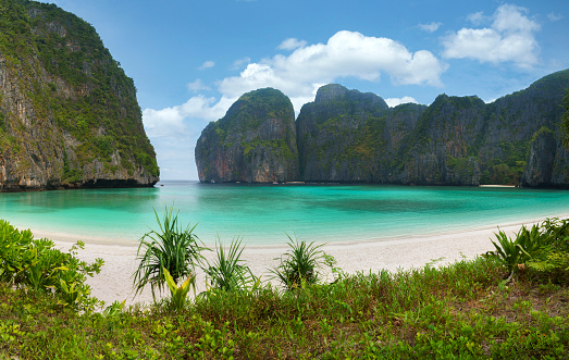 Aerial view wide shot beautiful sunset tropical beach sea in south thailand Asia