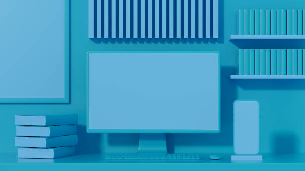 istock Empty computer screen monitor, smart phone and frame on blue background, minimal concept 1391893603