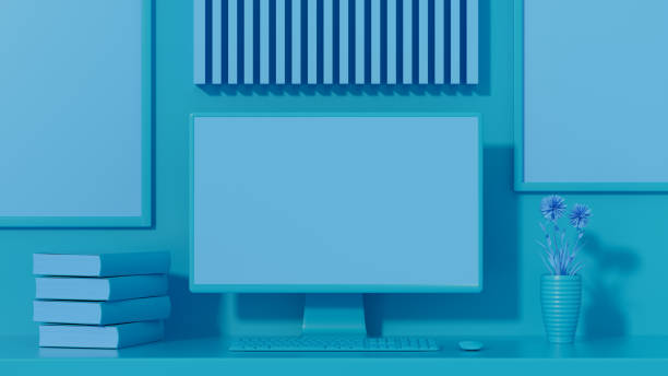 istock Empty computer screen monitor and frame on blue background, minimal concept 1391893704