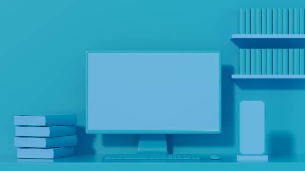 istock Empty computer screen monitor and smart phone on blue background, minimal concept 1391894197