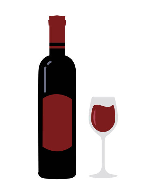 ilustrações de stock, clip art, desenhos animados e ícones de bottle of wine with wineglass in flat style. minimalist sketch isolated on white background. - red wine