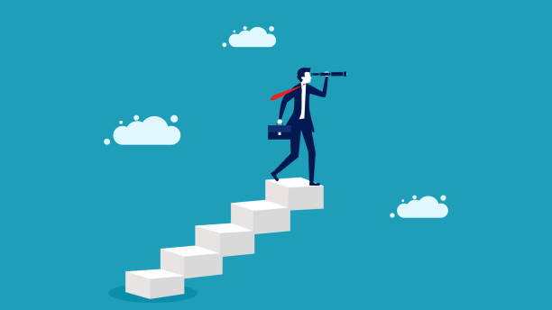 Ladder of success. Search for business opportunities. Businessman walking up stairs looking through binoculars with vision. vector vector art illustration