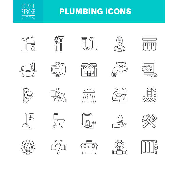 ilustrações de stock, clip art, desenhos animados e ícones de plumbing icons editable stroke. for mobile and web. the set contains icons as plumber, radiator - heater, water pipe, repair, home automation - faucet water pipe water symbol