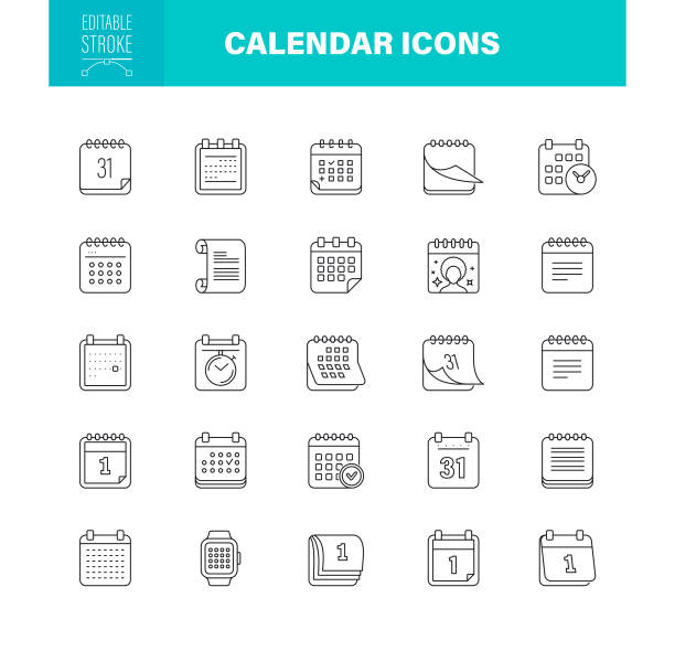 ikony kalendarza edytowalny obrys. pixel idealny. dla urządzeń mobilnych i sieci. zestaw zawiera ikony takie jak spotkanie, święto, organizator osobisty, smartwatch - calendar personal organizer clock diary stock illustrations