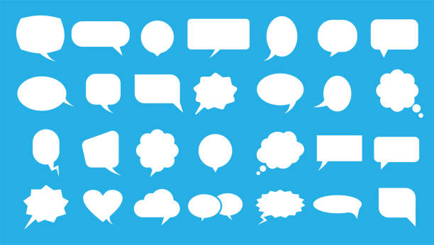 Speech Bubble Icons Set Blank empty White speech bubbles silhouette isolated on blue background Icon Set thought bubble stock illustrations