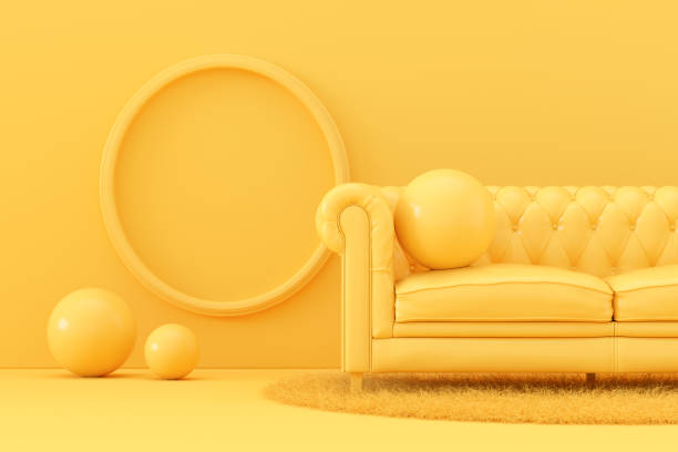 istock Indoor, living room with sofa and empty frame yellow background 1391905474