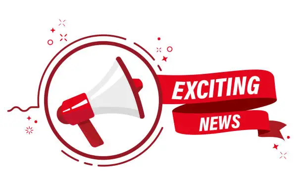 Vector illustration of Megaphone with 'exciting news'. Loudspeaker. Banner for business, marketing and advertising