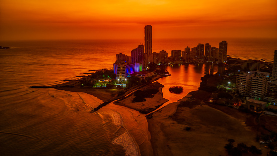 Aerial view of Bocagrande district with modern buildings and hotels in Cartagena de Indias, Colombia