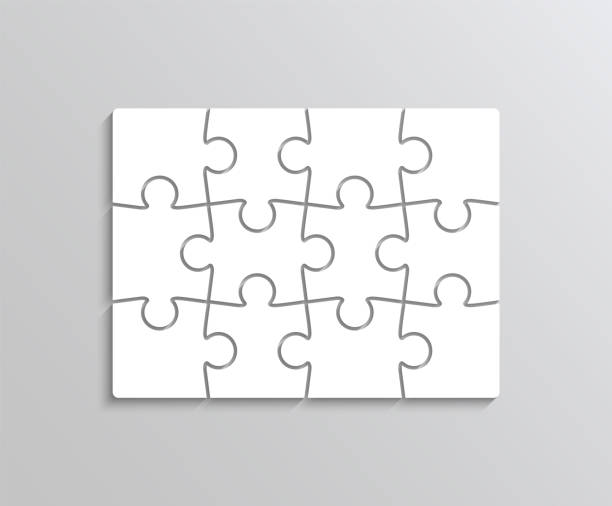 Puzzle grid. Jigsaw with 12 pieces. Vector illustration. Puzzle pieces set. Jigsaw outline grid. Scheme of thinking game. Modern background with separate shapes. Mosaic silhouette with 12 details. Cutting template. Simple frame tiles. Vector illustration. number 12 stock illustrations