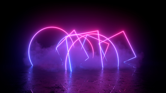 Ultraviolet neon lights cosmic landscape glowing led lighting with smoke 3d abstract black background. Purple and pink colors.