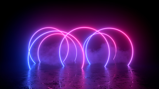 Ultraviolet neon lights cosmic landscape glowing led lighting with smoke 3d abstract black background. Purple and pink colors.