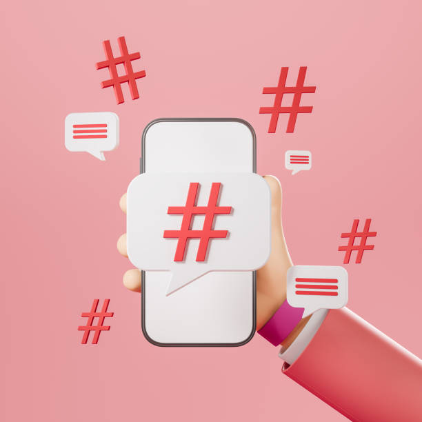 istock Hand with phone full of hashtags on light background, smm. Mockup display 1391910166