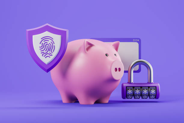 istock Piggy bank with code lock on bright background, finance and security 1391910745