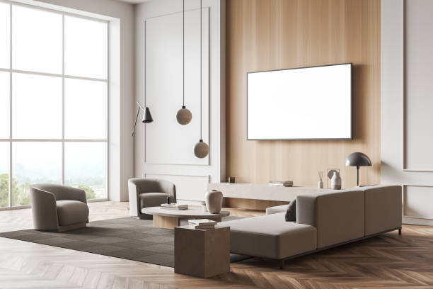 istock Lounge room interior with seats and tv set, panoramic window. Mockup display 1391910937
