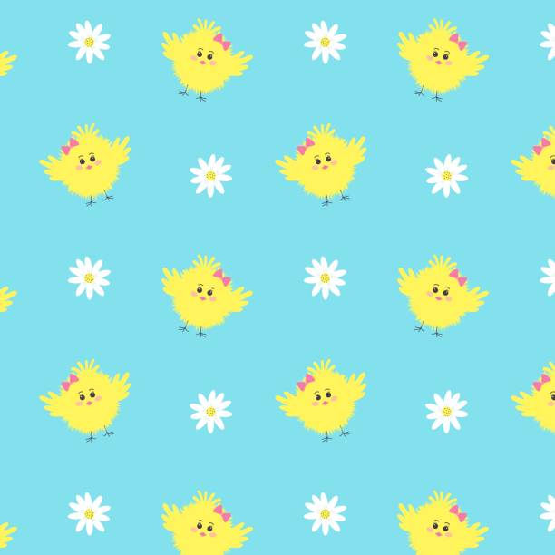 illustrazioni stock, clip art, cartoni animati e icone di tendenza di modello senza cuciture con simpatici fiori gialli di pulcino e margherita. - spring birdsong bird seamless