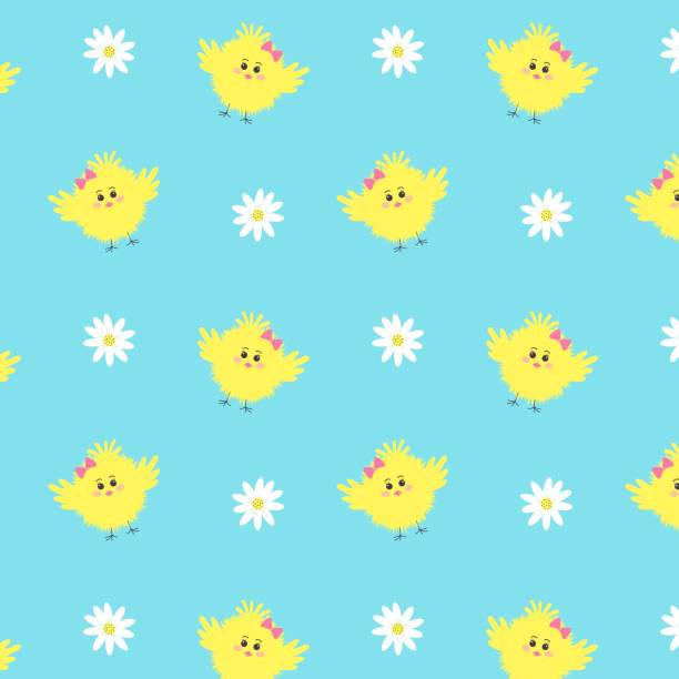 bezszwowy wzór z uroczymi żółtymi kwiatami pisklęcia i stokrotki. - spring birdsong bird seamless stock illustrations