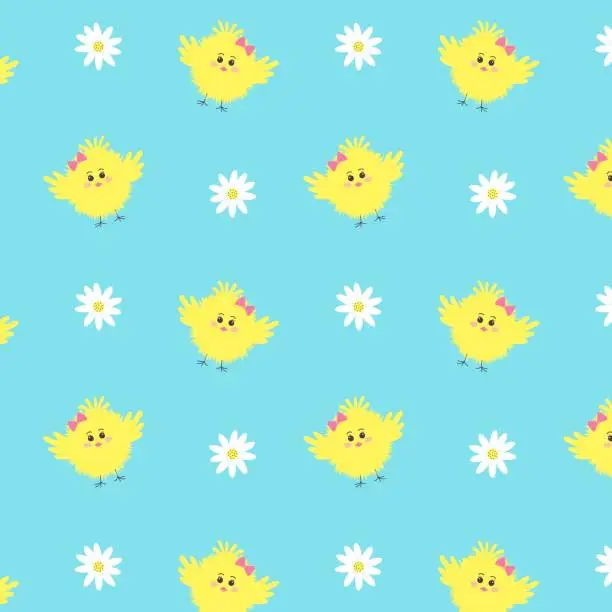 Vector illustration of Seamless pattern with cute yellow chick and daisy flowers.
