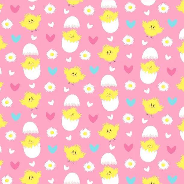 Vector illustration of Seamless pattern with cute yellow chickens, egg, daisy flowers and hearts.