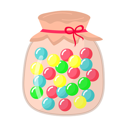 Glass jar with round sweet caramel lollipops. Vector illustration.