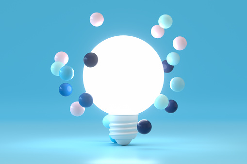Light bulb minimal idea concept brainstorming, blue background, 3d render