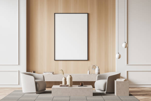istock Light lounge room interior with seats and art decoration. Mockup frame 1391912221