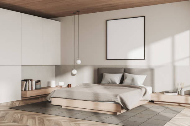 istock Light bedroom interior with bed on carpet, decoration. Mockup frame 1391912715