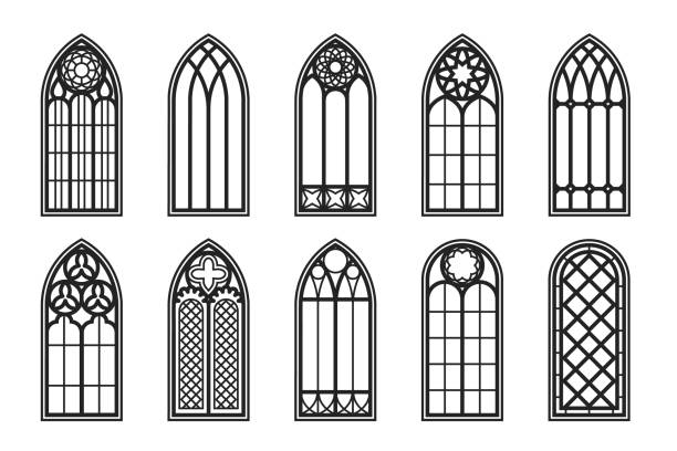 gotycki zestaw konturów okien. sylwetka zabytkowych witrażowych ram kościelnych. element tradycyjnej architektury europejskiej. wektor - cathedral church indoors inside of stock illustrations