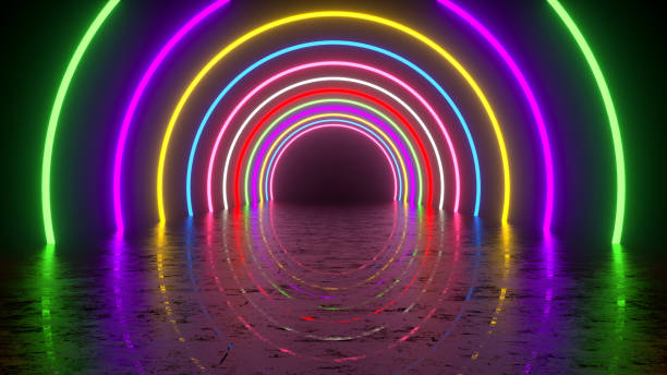 istock Ultraviolet neon laser glowing multi colored light tunnel abstract 3d background 1391914235