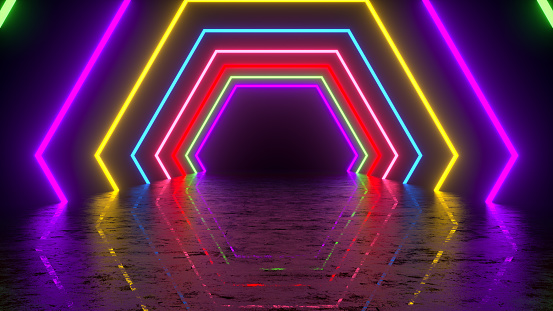 Ultraviolet neon laser glowing multi colored light tunnel abstract 3d background, copy space for advertisement.