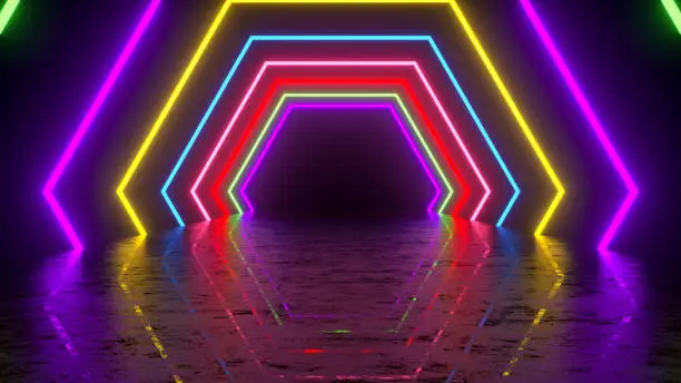 Photo of Ultraviolet neon laser glowing multi colored light tunnel abstract 3d background