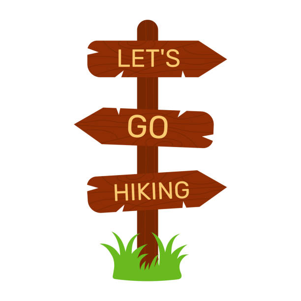 ilustrações de stock, clip art, desenhos animados e ícones de wooden road sign for hiking trails. "let's go hiking" guidepost. - directional sign wood sign footpath