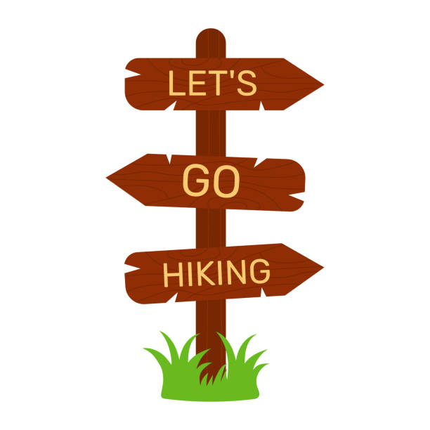 Wooden road sign for hiking trails. "Let's go hiking" guidepost. Wooden road sign for hiking trails. "Let's go hiking" guidepost. Vector illustration. hiking sign stock illustrations