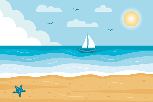 Seascape panorama with sailboat. Tropical beach with starfish. Paradise nature vacation, ocean or sea seashore. Vector illustration.