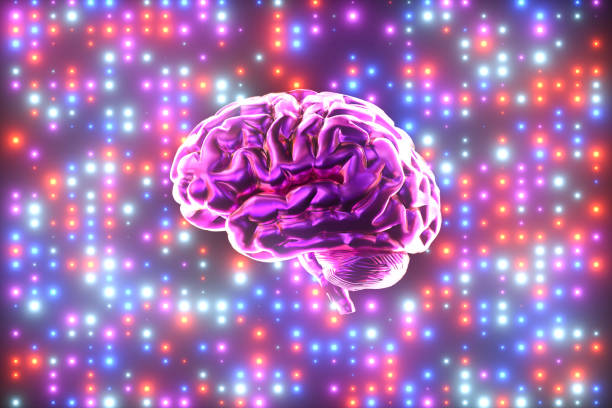 Brain artificial intelligence concept neon spot lighting background stock photo
