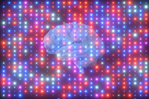 Brain artificial intelligence concept neon spot lighting background, 3d render.