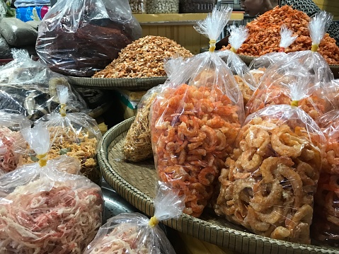 The plastic bag of shrimp in the local market at Sihanoukville.