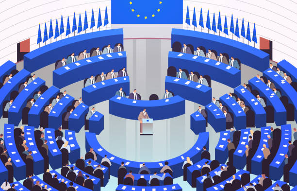 leader speaks news conference during plenary session in european Parliament russian invasion of Ukraine stop war vector art illustration