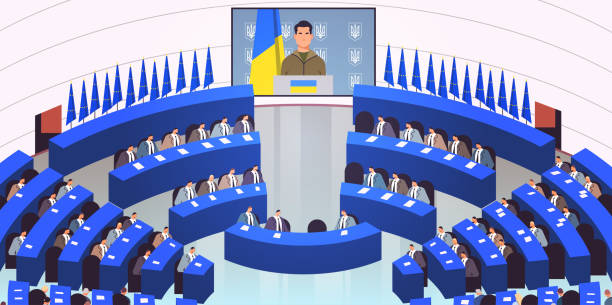 illustrations, cliparts, dessins animés et icônes de le président ukrainien prend la parole lors d’une conférence de presse lors de la session plénière au parlement européen l’invasion russe de l’ukraine arrête la guerre - se mettre en défense