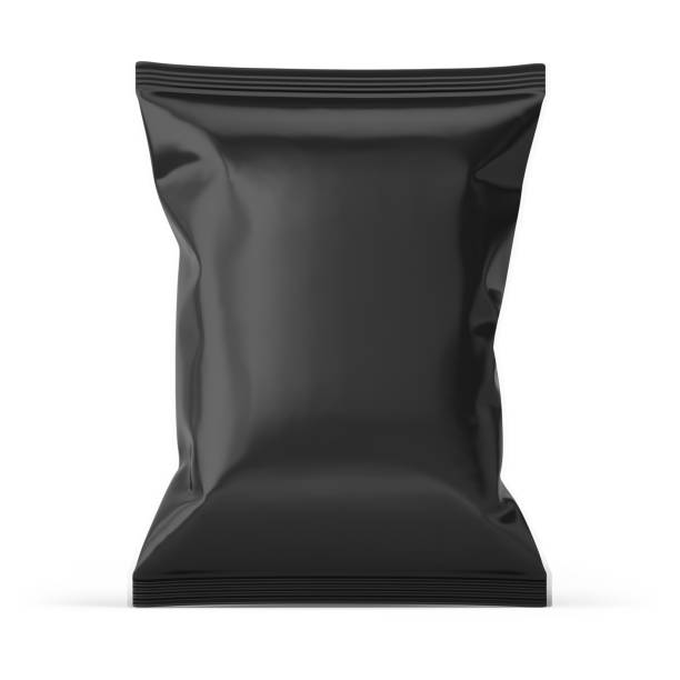 istock Blank black plastic bag. Food snack, chips packaging isolated on white beckground. 3d rendering mockup template 1391921203
