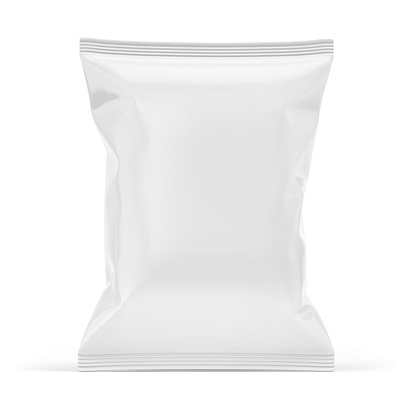 Blank white plastic bag. Food snack, chips packaging isolated on white beckground. 3d rendering mockup template